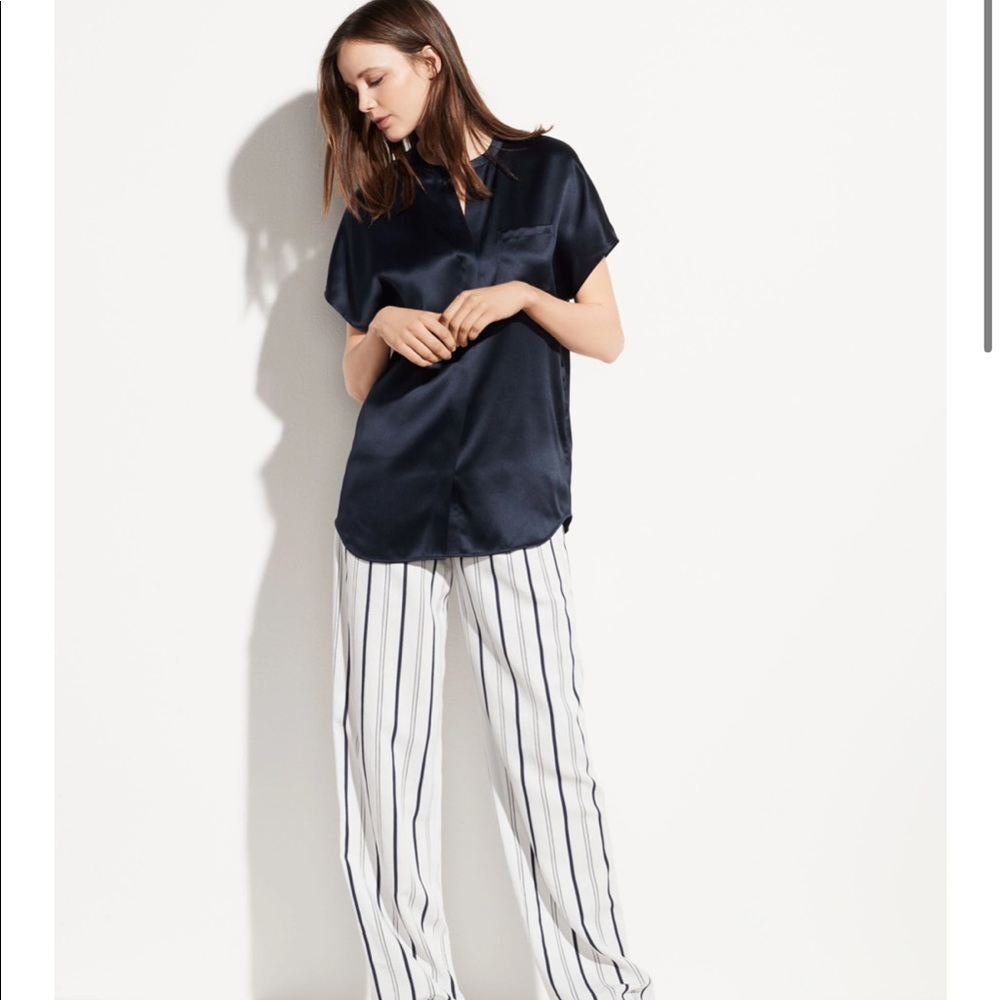 VINCE Satin Silk Popover Blouse